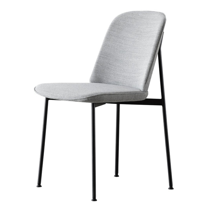 Gray upholstered chair with a textured pattern and sleek black metal legs for a modern look.