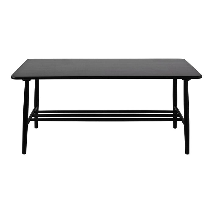 Black rectangular coffee table with a smooth surface and minimalist design, featuring sleek black legs and a lower shelf.