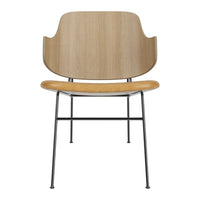 Light wood and natural oak chair with black metal legs, minimalistic design, showcases smooth curves and simple patterns.
