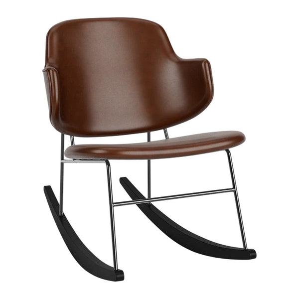 Brown leather rocking chair with a sleek design and chrome accents on a black base. Perfect for stylish seating.