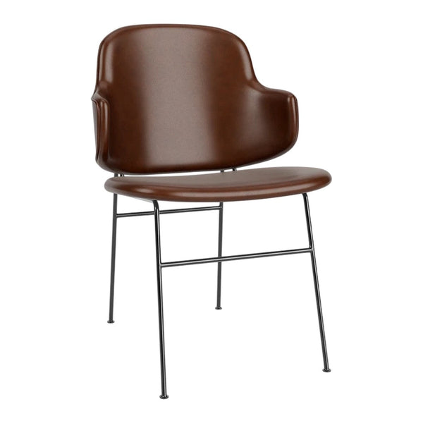 Brown leather chair with a minimalist design and sleek black metal legs, perfect for modern interiors.