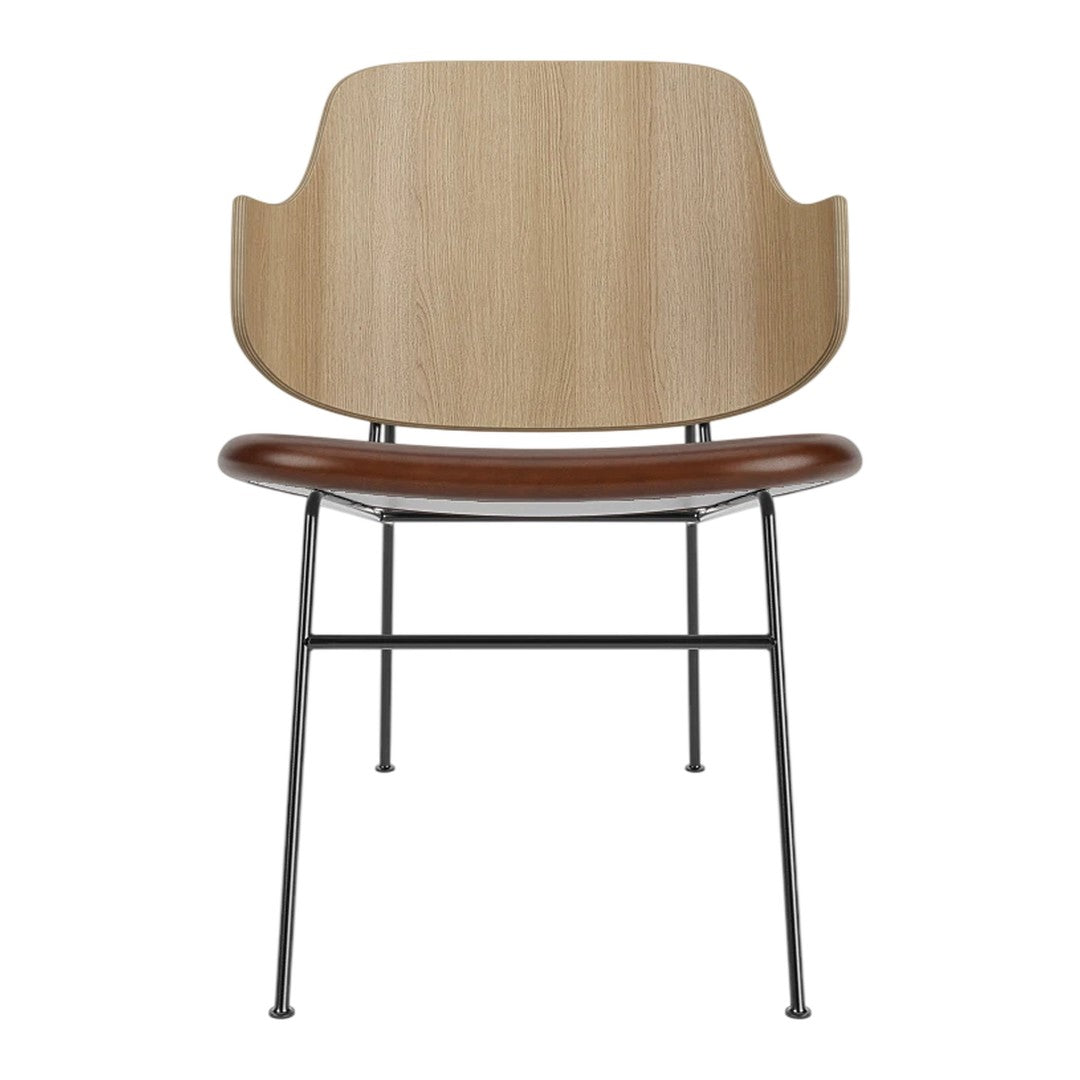 Wooden backrest with a warm brown seat and sleek black metal legs, showcasing a modern, minimalist design.