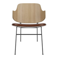 Wooden backrest with a warm brown seat and sleek black metal legs, showcasing a modern, minimalist design.