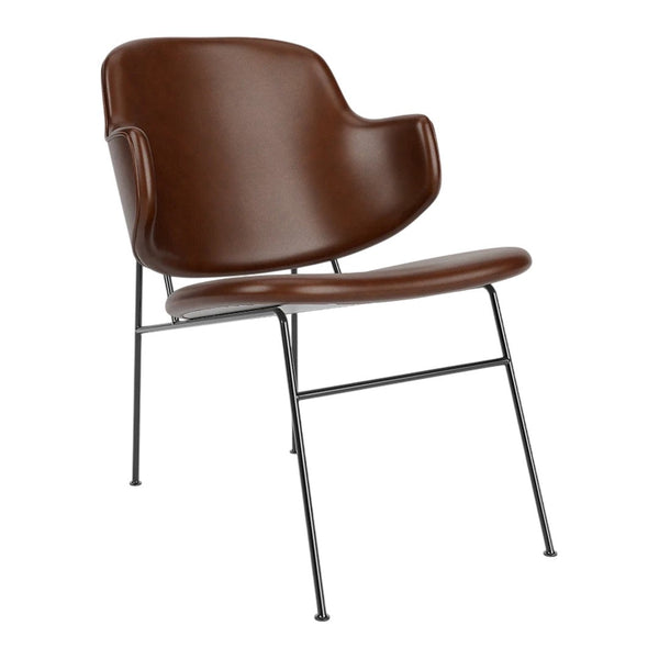 Brown molded chair with sleek lines, complemented by a minimalist black metal frame. Perfect for modern decor.