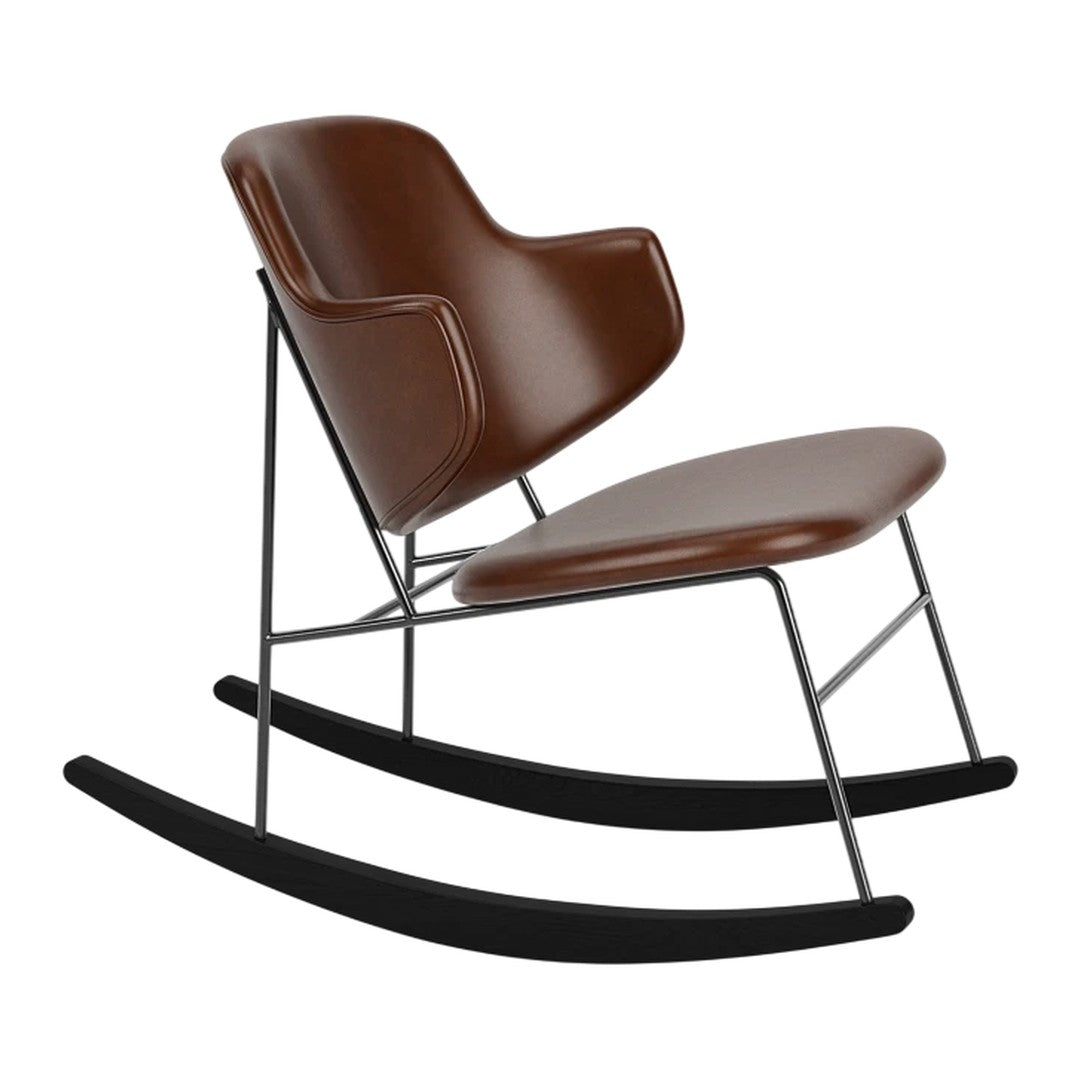Brown leather rocking chair with a sleek black metal frame and minimalist design. Perfect for stylish home decor.