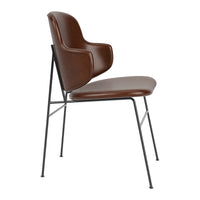 Brown upholstered chair with sleek black metal legs and a minimalist design. Perfect for modern decor.