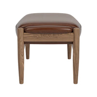 Brown leather ottoman with a smooth finish and wooden legs, featuring a sleek, minimalist design.