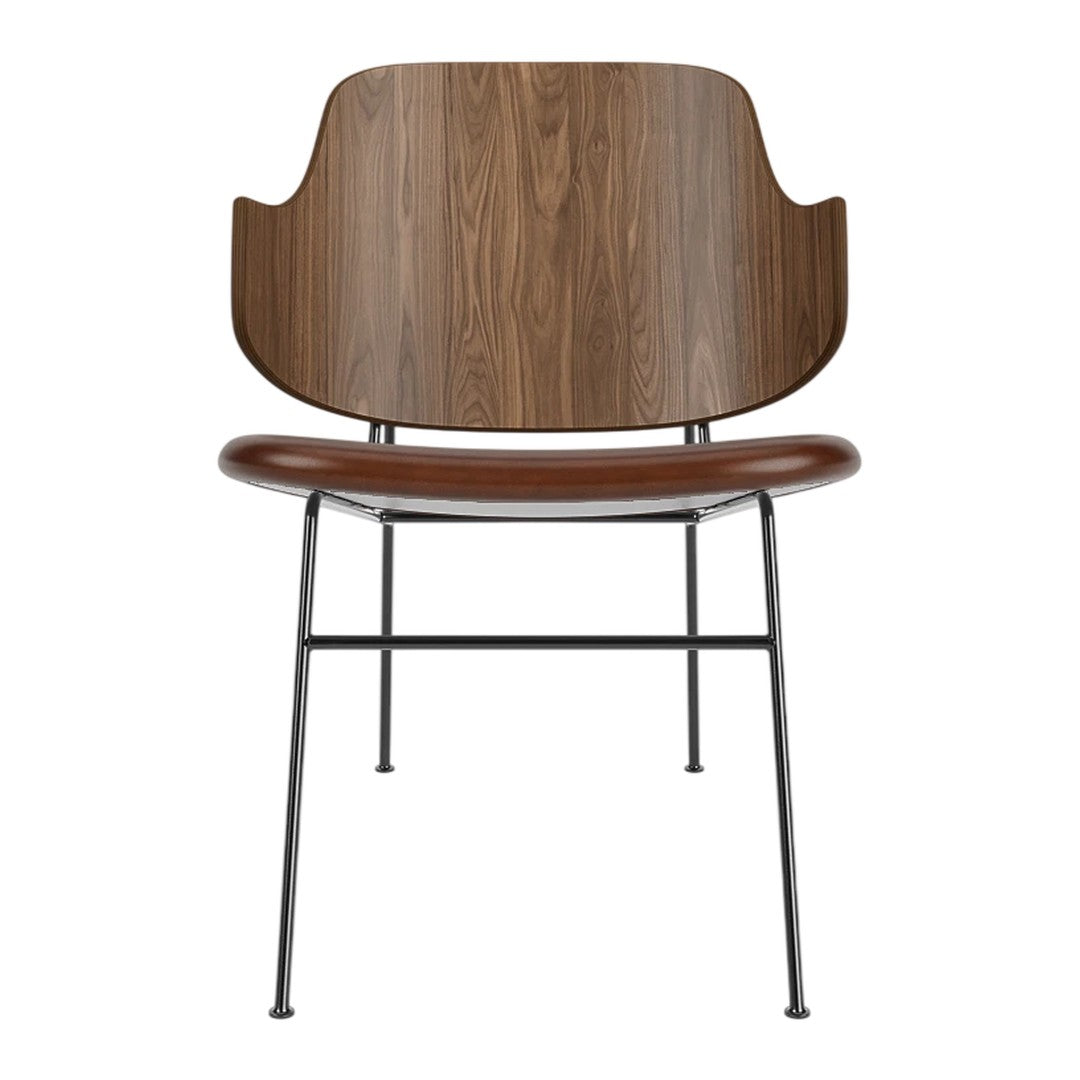 Wooden chair with a walnut finish, dark brown seat, and black metal legs, featuring a sleek, modern design.