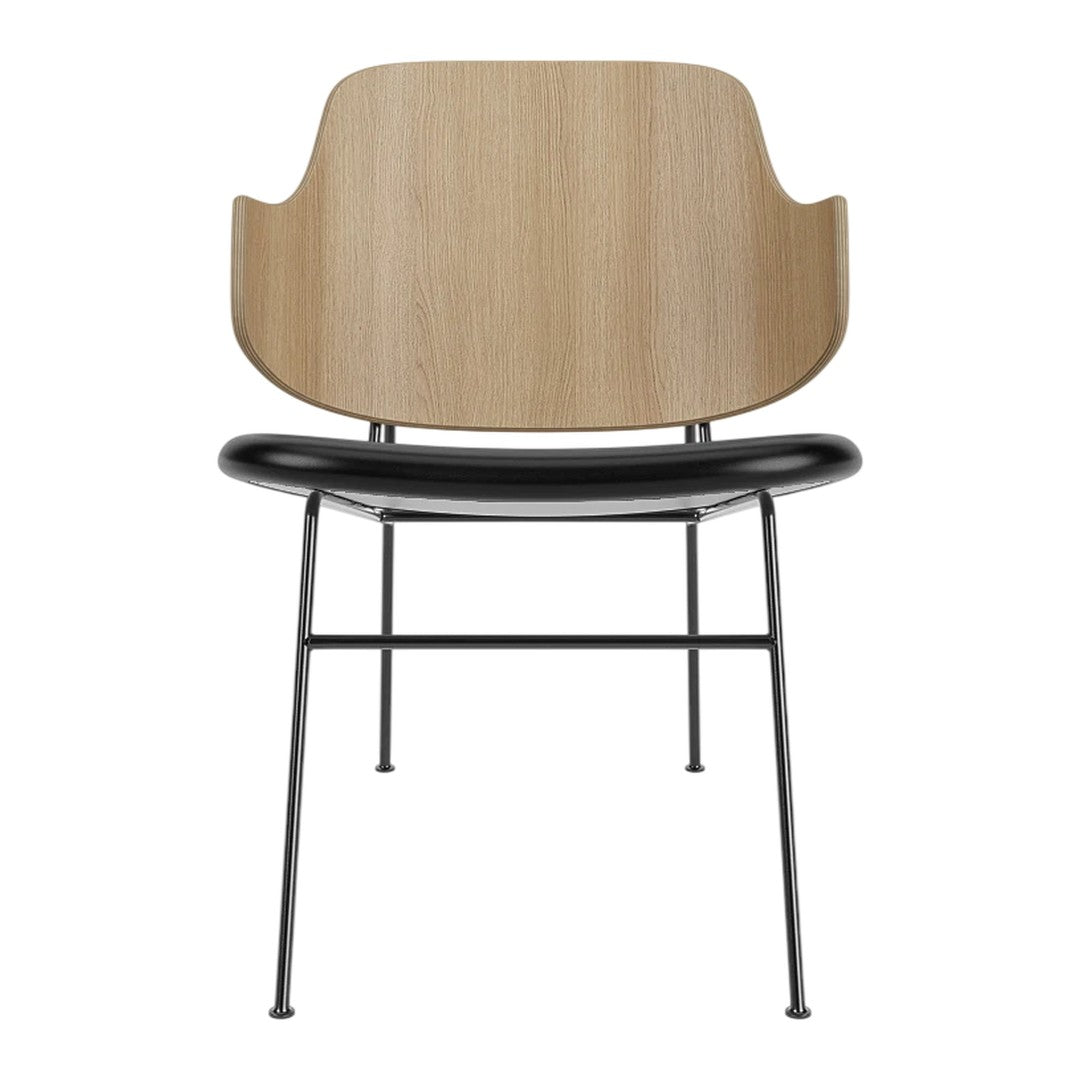 Modern chair featuring a light wood backrest, sleek black seat, and minimalist metal legs for a contemporary look.