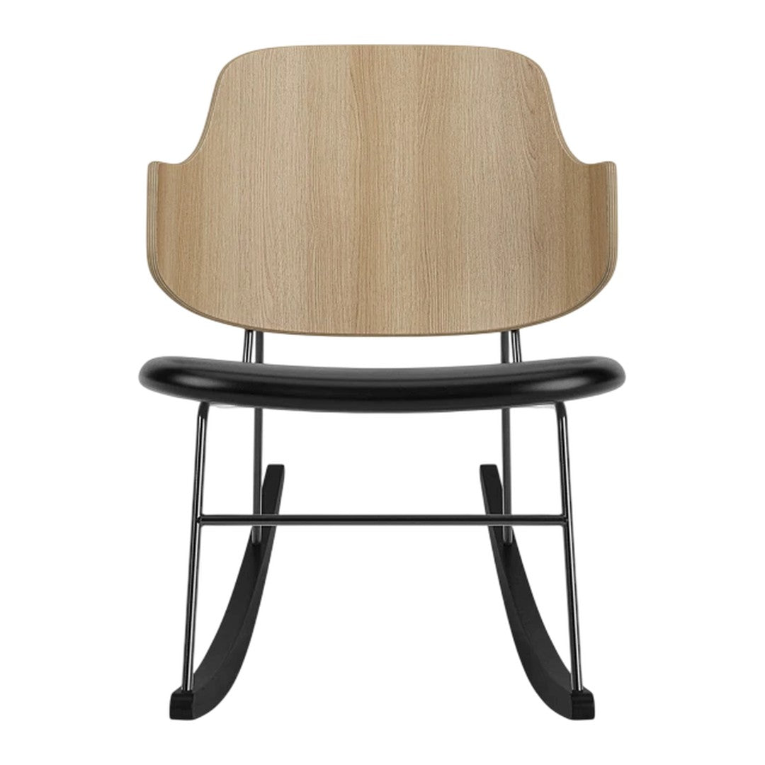 Wooden backrest with a light oak finish, black seat, and sleek metal frame, featuring a minimalist rocking chair design.