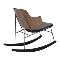 Modern rocking chair featuring a sleek black seat and wood grain backrest on a minimalist black frame.
