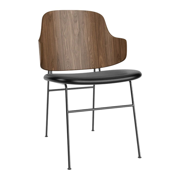 "Modern chair with a walnut wood backrest, sleek black seat, and metallic gray legs for a stylish look."
