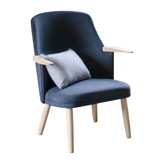Stylish blue chair with light wood legs, featuring a complementary gray pillow, sleek and modern design.