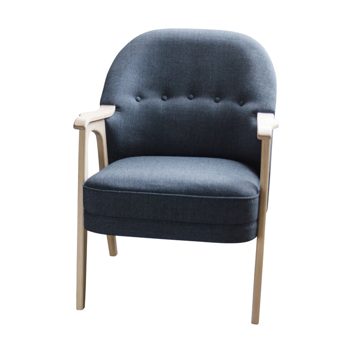Modern dark gray upholstered chair with a rounded back and light wooden armrests, featuring subtle button detailing.