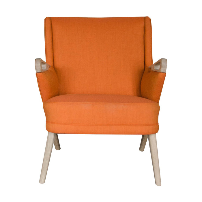 Stylish orange upholstered chair with a simple design and light wood legs, perfect for modern decor.