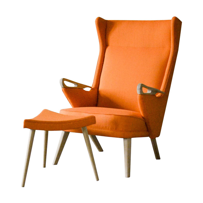 Vibrant orange high-back chair with matching ottoman, featuring sleek wooden legs and minimalist design.
