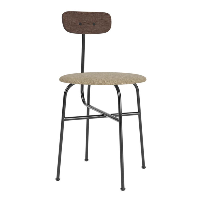 "Minimalist chair with a beige seat, dark wood backrest, and black metal legs."