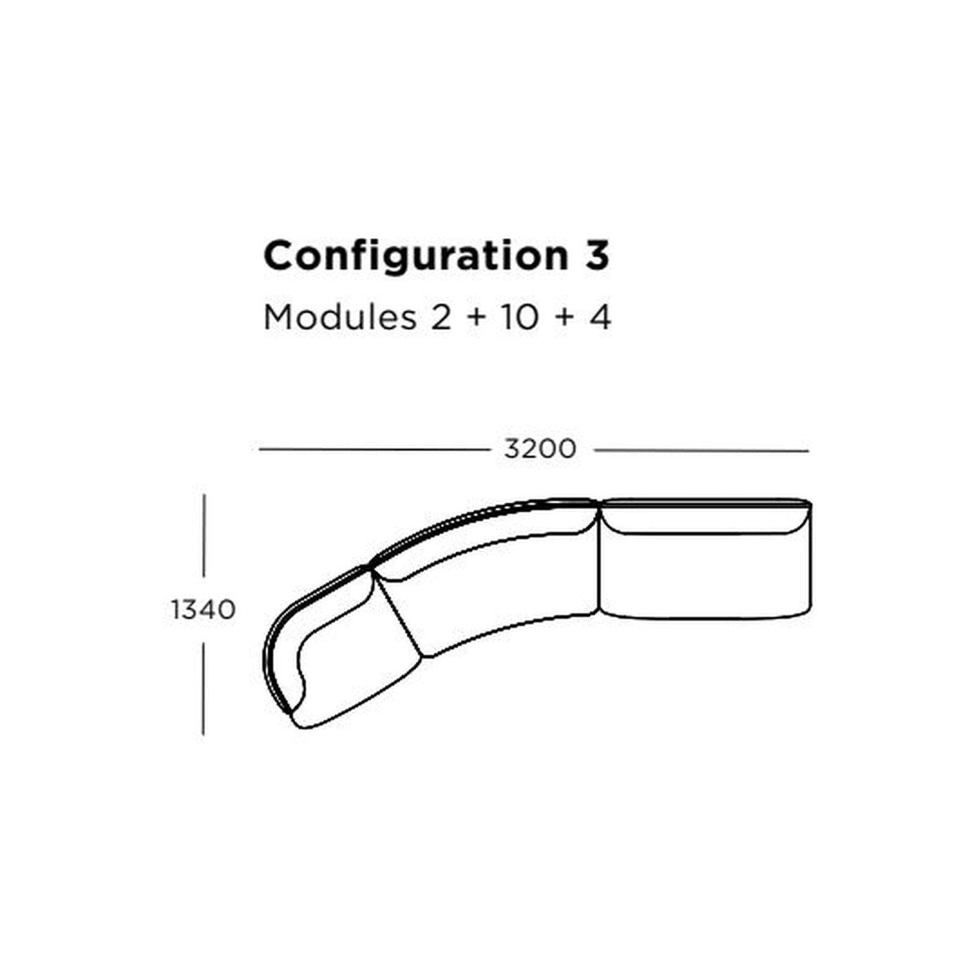 "Outline of modular sofa configuration featuring smooth curves and minimalist design, highlighting dimensions without color."