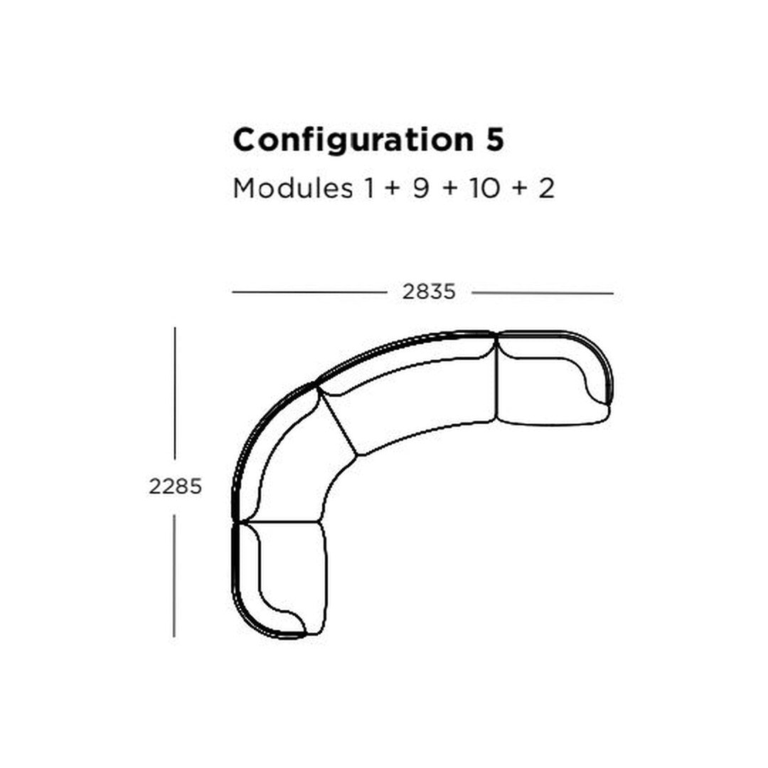Curved sectional sofa design in neutral tones with smooth, contemporary lines and no visible patterns.