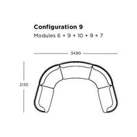 "Minimalist line drawing of a curved furniture configuration with a neutral color scheme."