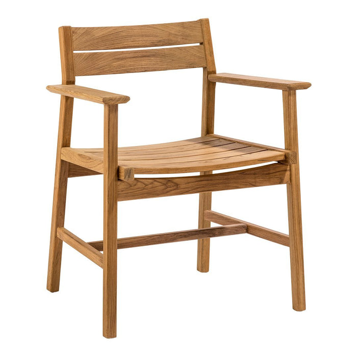 Natural wooden armchair in warm beige tones with a sleek, simple design and slatted backrest. Ideal for modern decor.