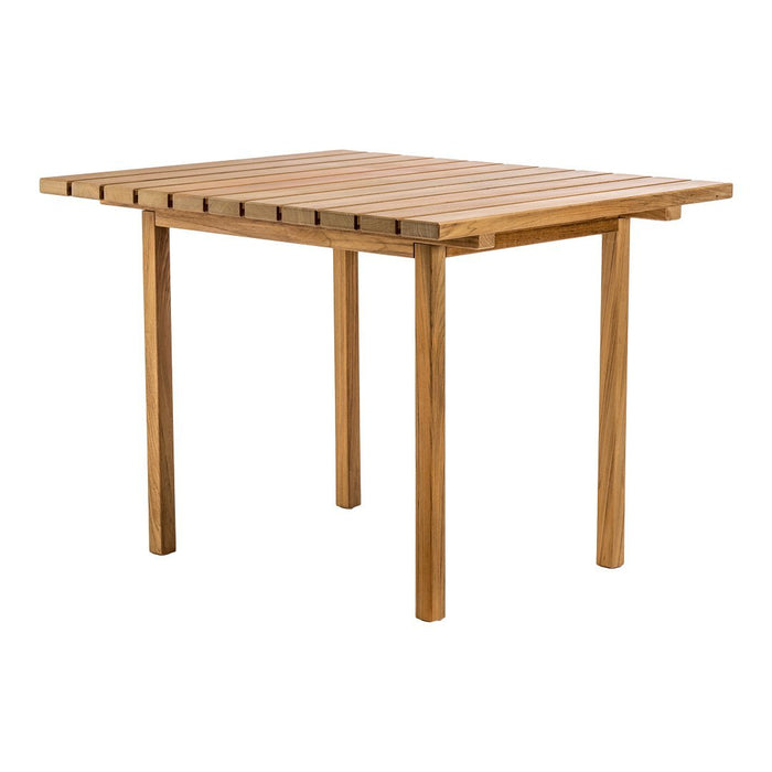 Natural wood table with a slatted design, showcasing warm brown tones and a simple, modern aesthetic.