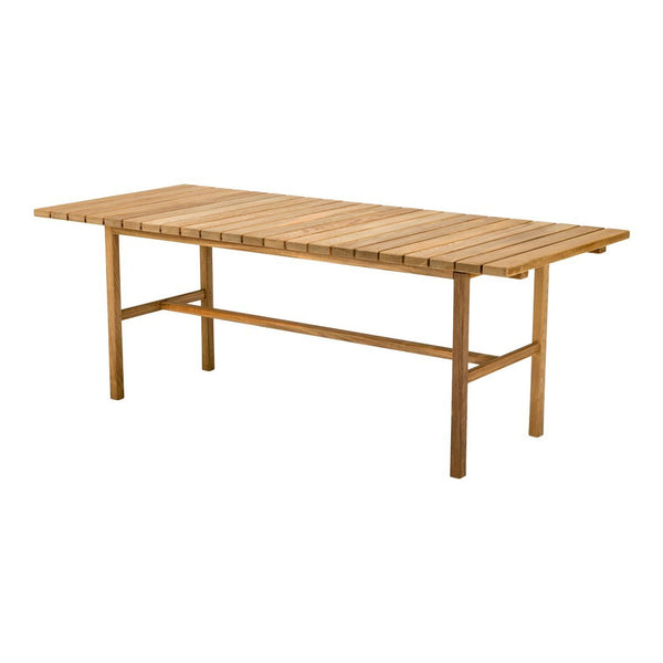 Wooden dining table with a natural bamboo finish and sleek slatted design. Perfect for outdoor settings.
