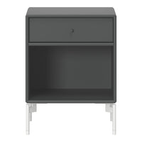 Gray nightstand with a smooth finish, featuring a single drawer and white metal legs for a modern look.