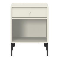 White nightstand with a minimalist design and black legs, featuring a smooth surface and functional drawer.