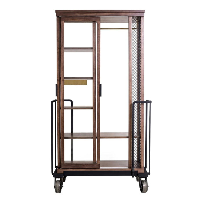 Wooden display cabinet with a rich brown finish and black metal accents. Features glass panels and geometric patterns.