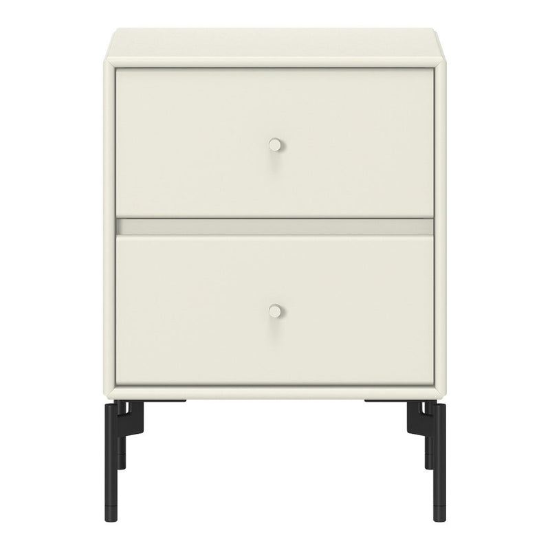 Cream bedside table with two drawers, featuring a smooth, minimalist design and contrasting black legs.