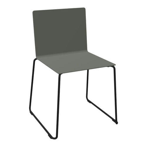 Sleek, modern chair in muted green with a minimalist black metal frame.