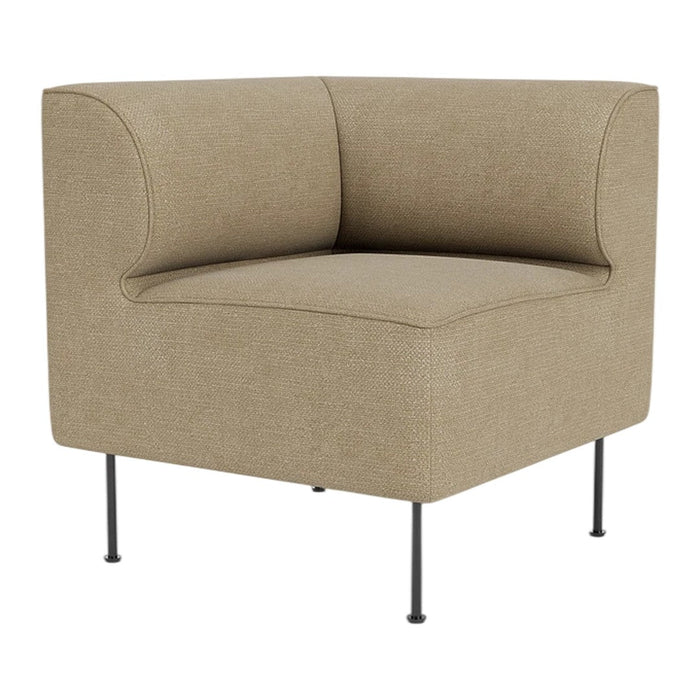Beige corner chair with a smooth, textured fabric and black metal legs, perfect for modern living spaces.
