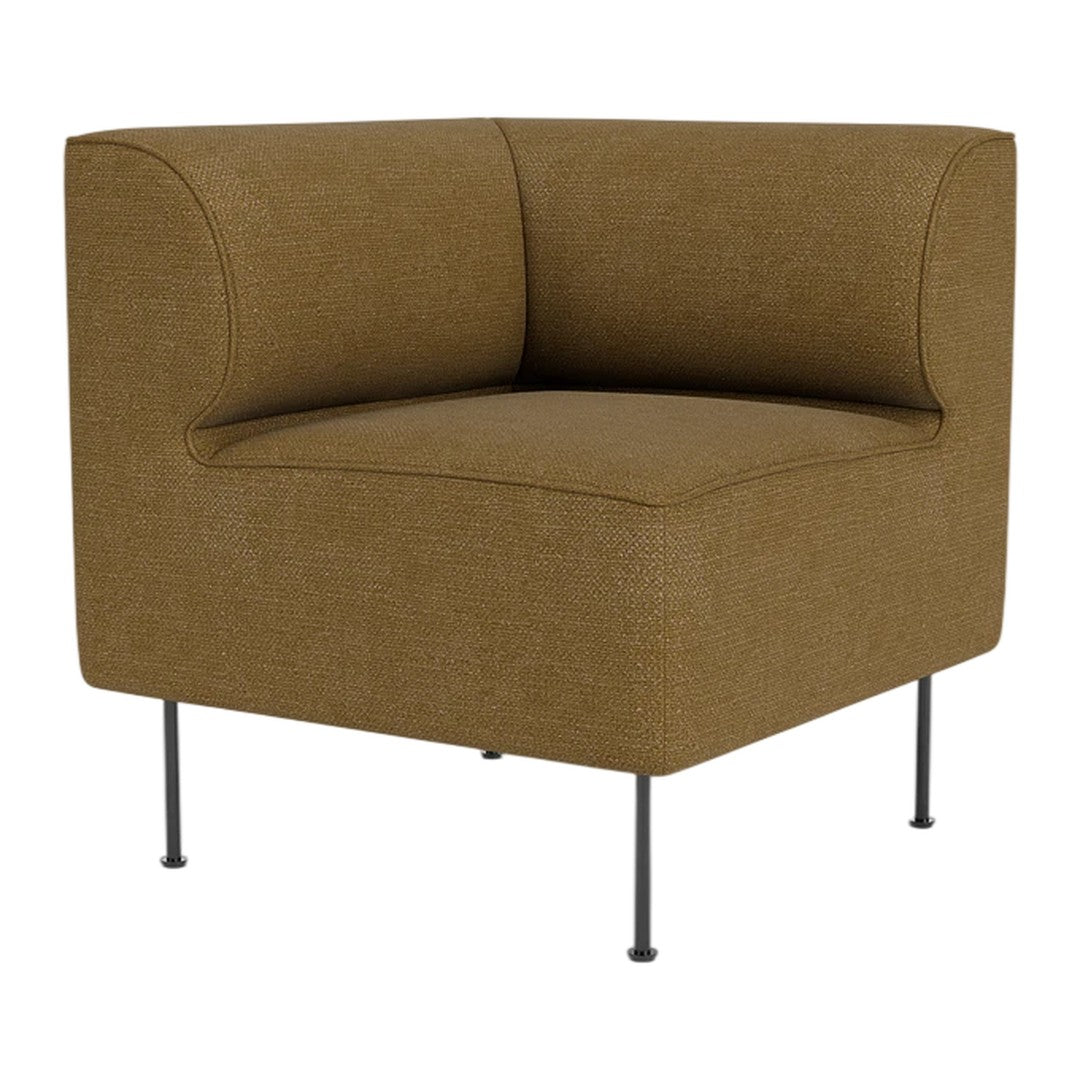Brown upholstered corner chair with a smooth texture and minimalist design on metal legs. Perfect for modern spaces.