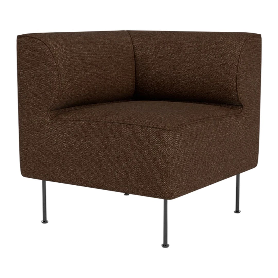Brown upholstered corner chair with a modern, minimalist design and sleek metal legs.