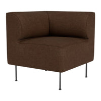 Brown upholstered corner chair with a modern, minimalist design and sleek metal legs.
