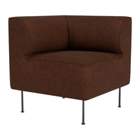 Brown upholstered corner chair with a textured fabric and minimalist black metal legs. Perfect for modern decor.