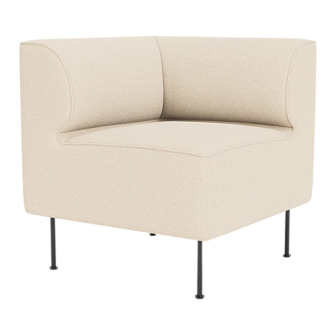 Beige corner chair with a minimalist design and subtle texture, supported by sleek black metal legs.