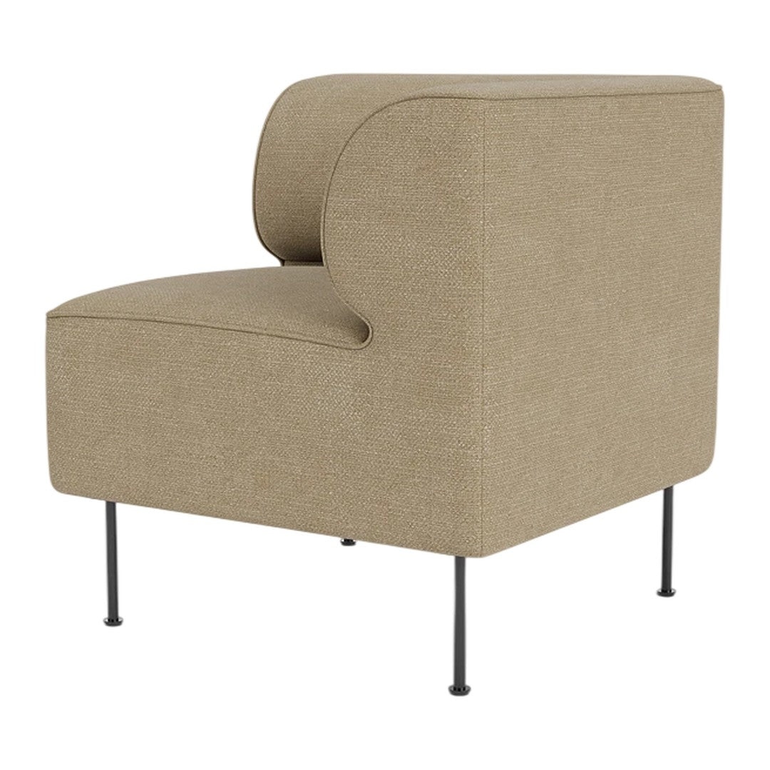 Beige upholstered chair with a minimalist design and black metal legs, featuring a seamless curved backrest.