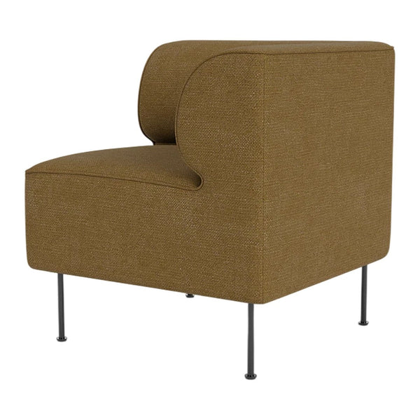 Brown textured chair with a minimalist design and sleek black legs. Perfect for modern interior decor.