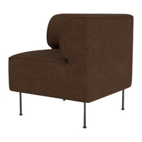 Brown upholstered chair with a modern, curved design and sleek metal legs. Ideal for contemporary decor.