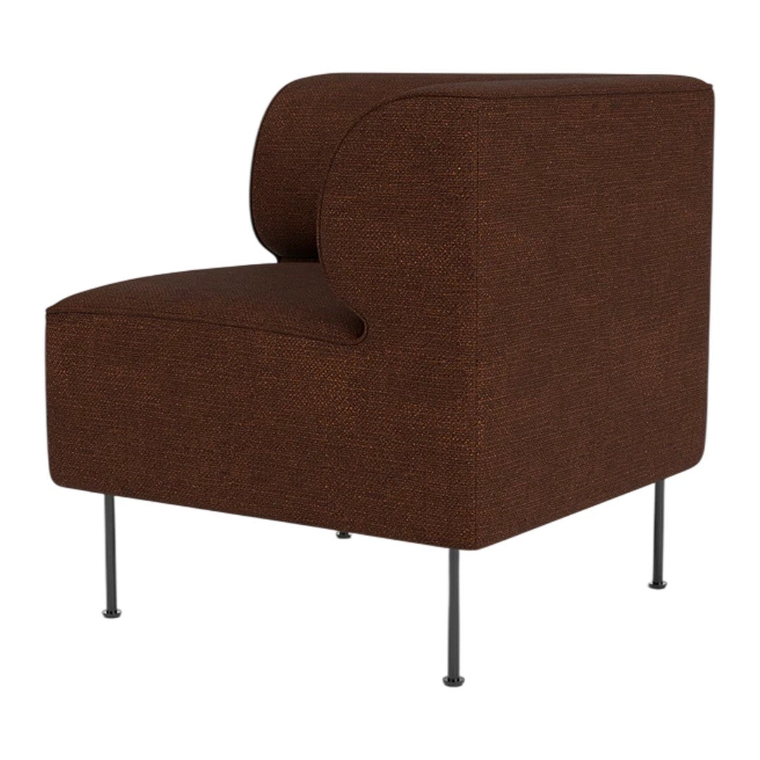 Brown upholstered chair with a modern, curved design and sleek black metal legs. Ideal for contemporary decor.