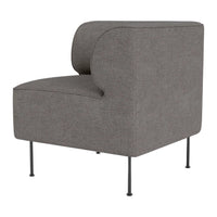 Gray upholstered chair with a smooth texture and minimalist design, featuring slender black legs.