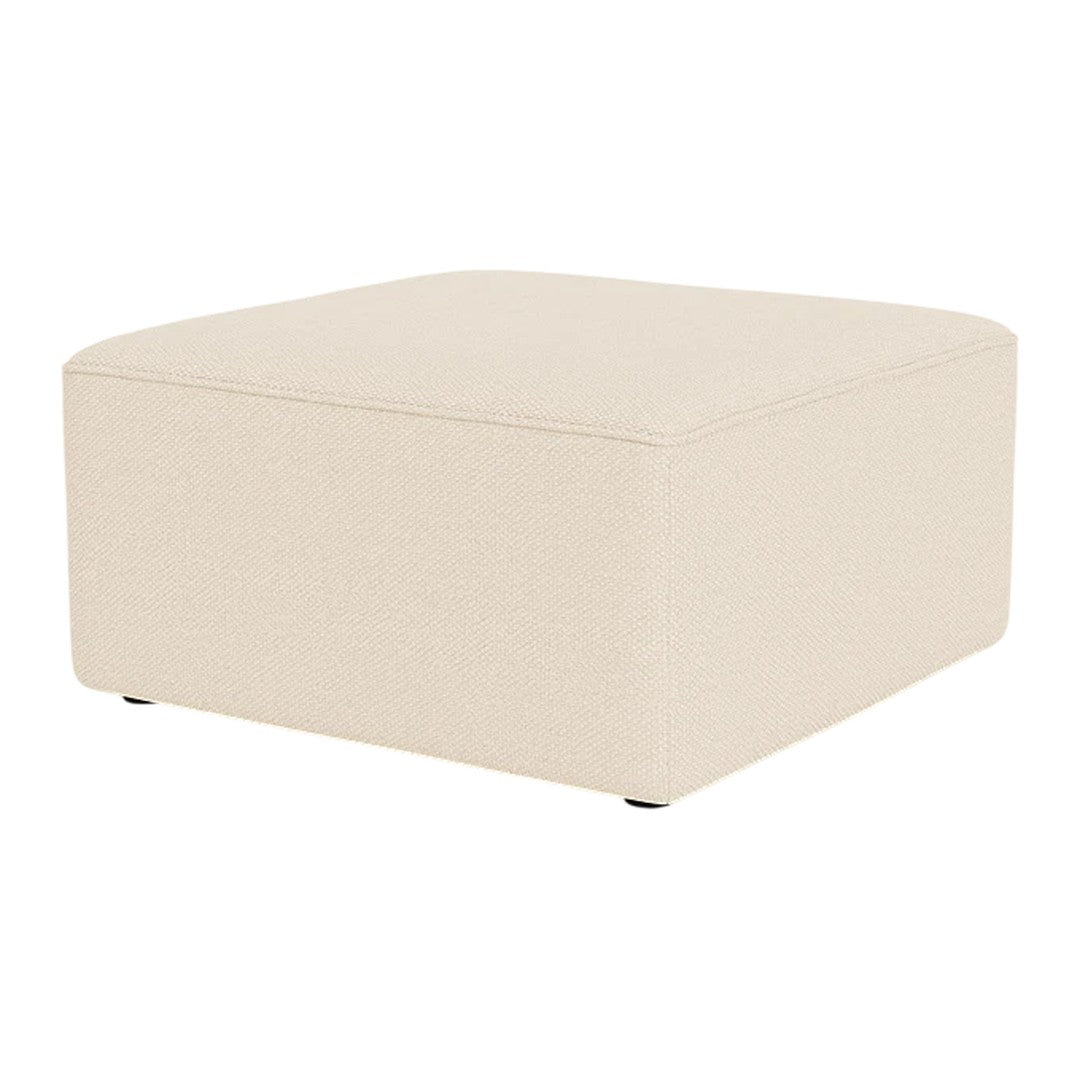 Cream-colored square ottoman with a smooth, solid fabric design. Ideal for versatile interior decor.