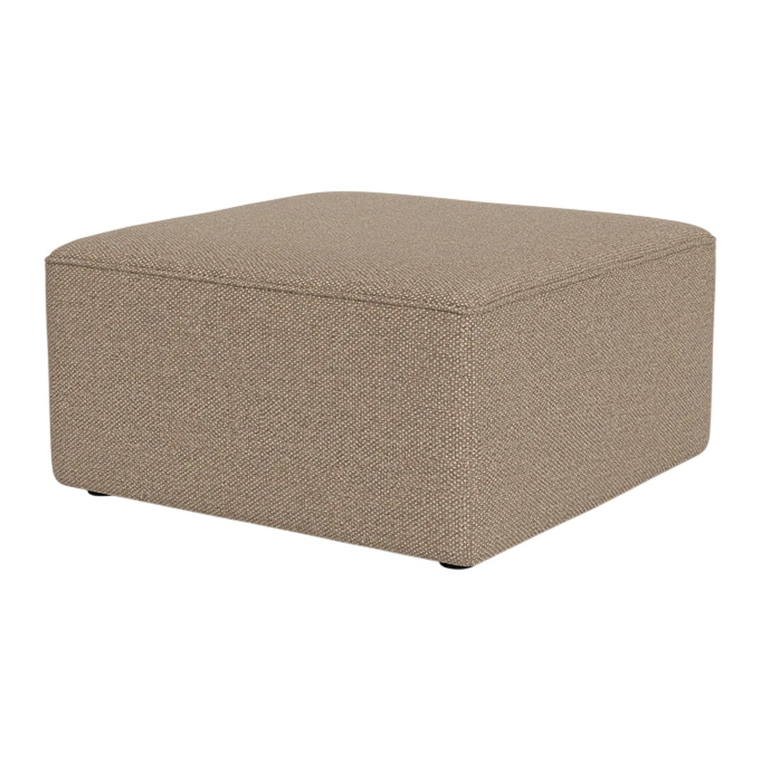 Square ottoman in a soft beige fabric with a subtle textured pattern, perfect for any living space.