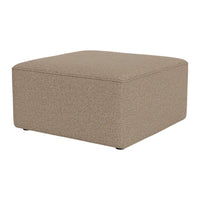 Square ottoman in a soft beige fabric with a subtle textured pattern, perfect for any living space.