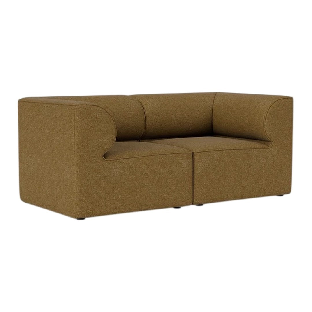 Brown upholstered loveseat with a textured fabric featuring clean, modern lines and a minimalist design.