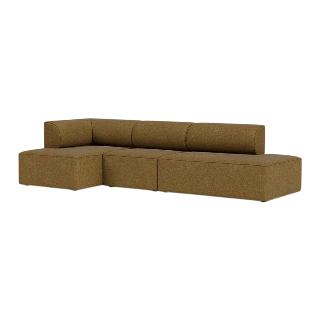 Brown sectional sofa with a minimalist design and smooth fabric upholstery. Perfect for modern living spaces.
