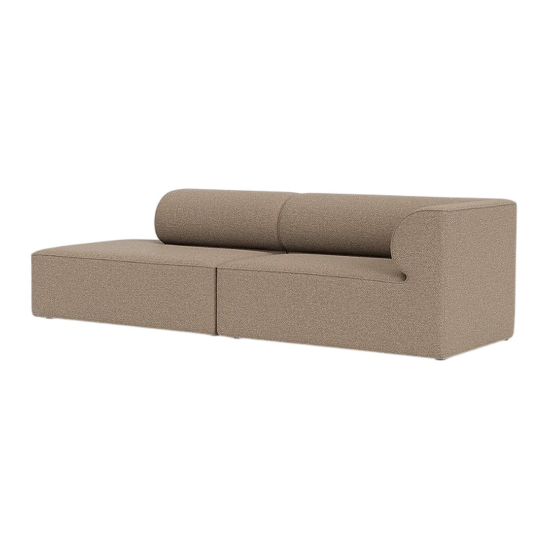 Tan fabric sofa with a minimalist design and smooth texture, featuring a rolled backrest and clean lines.