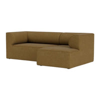 Brown sectional sofa with a modern, minimalist design and smooth fabric texture, perfect for any living room decor.